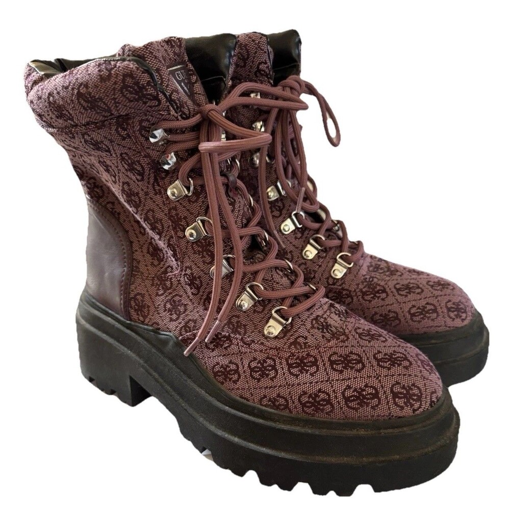 Sz 9.5 Guess Women’s Vaney Logo Pattern Combat Biker Boots Burgundy New